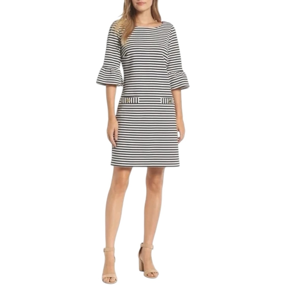 Lilly Pulitzer Alden Shift Dress Coconut Ottoman Black / White Stripes Sz Small